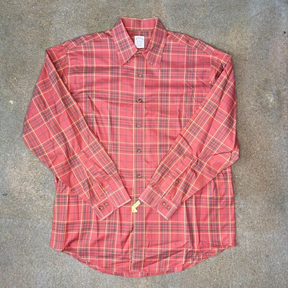 Brooks Brothers Plaid Button Down Shirt Mens L Coral Salmon Cotton Non Iron